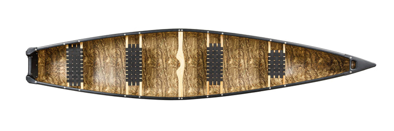 Top view of a camouflage patterned canoe featuring four web seats with a yoke in the center against a white background. 