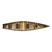 Top view of a canoe with hardware and seating installed on a white background.