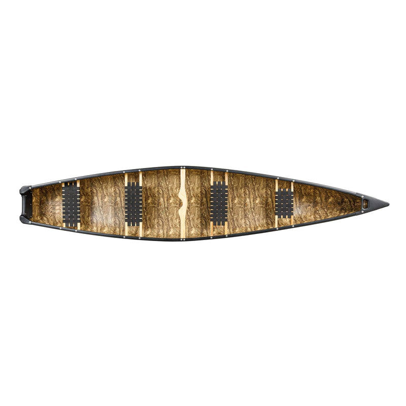 Top view of a canoe with hardware and seating installed on a white background.