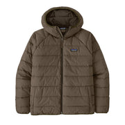 Brown puffer jacket with a visible brand logo on a light beige background