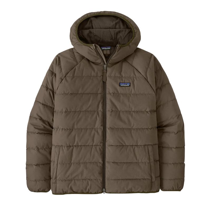 Brown puffer jacket with a visible brand logo on a light beige background