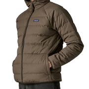Brown puffer jacket with a visible brand logo on a light gray background