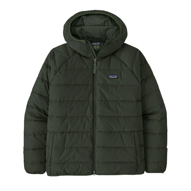 Green puffer jacket with a brand logo on a light gray background