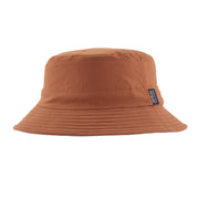 Brown bucket hat with a brand logo on a white background