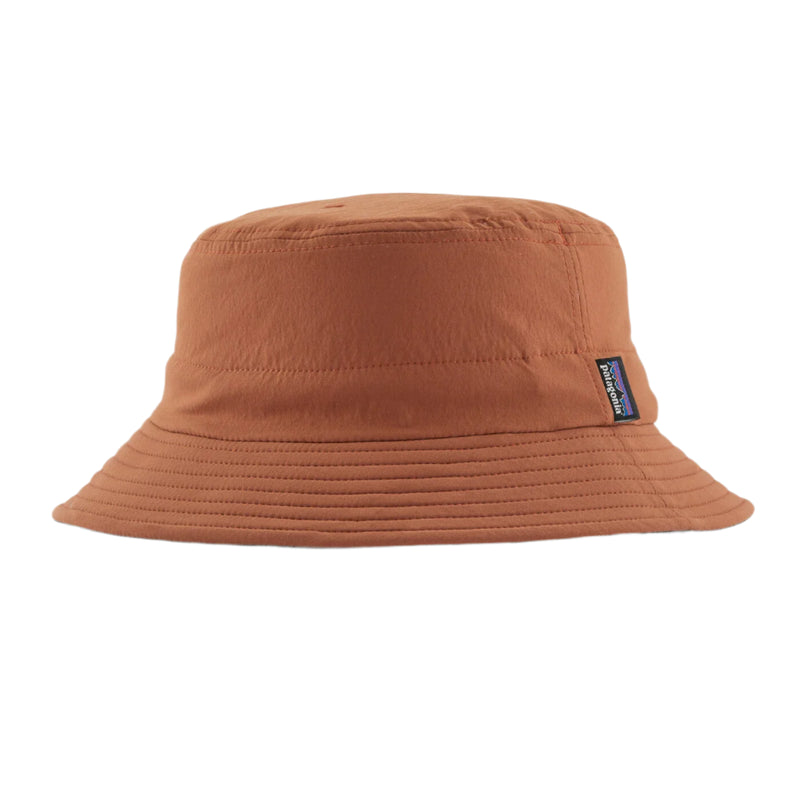 Brown bucket hat with a brand logo on a white background