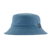 Blue bucket hat with a brand logo on a light gray background