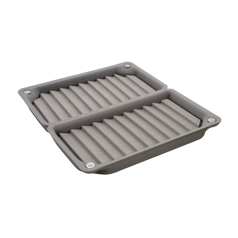 Gray colored foam box against a white background. 