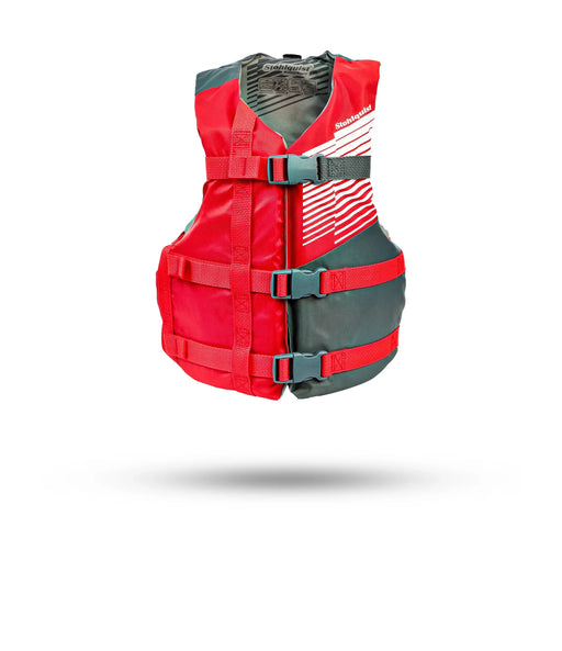 A red and gray life jacket on a white background