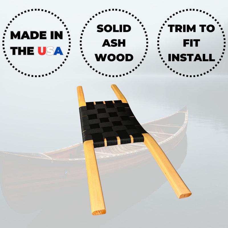 Tan colored canoe seat made of solid ash wood in the U.S.A. with black webbing in the center against a grey background.