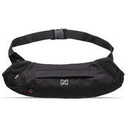 Black waist bag with a visible brand logo on a white background