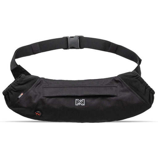 Black waist bag with a visible brand logo on a white background