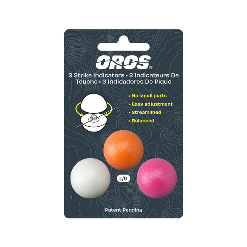 Three foam strike indicators on a grey hang card with a topographic map design pictured on a clean white background