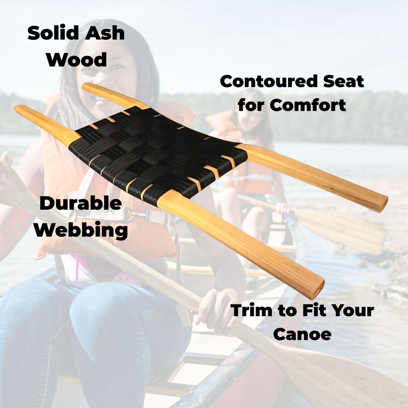 Tan canoe seat made of ash wood with black webbing in the center against a background of people in a canoe. 