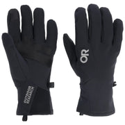 Top and bottom view of a pair of black work gloves featuring an Outdoor Research logo against a white background. 