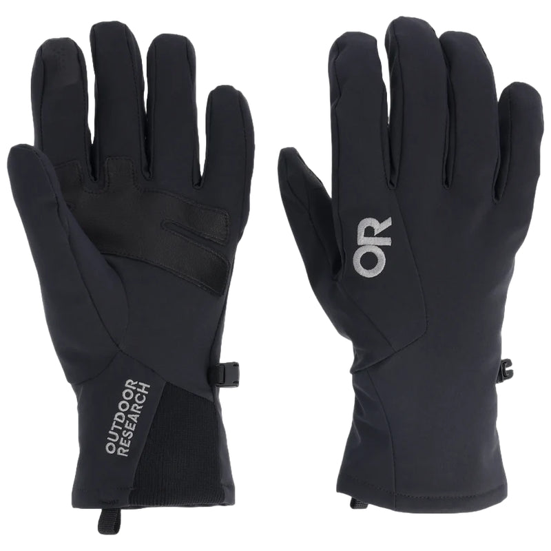 Top and bottom view of a pair of black work gloves featuring an Outdoor Research logo against a white background. 