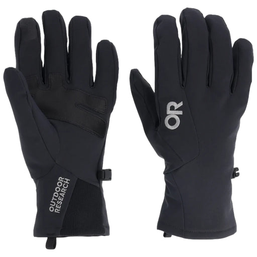 Top and bottom view of a pair of black work gloves featuring an Outdoor Research logo against a white background. 