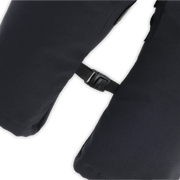 Close up of the straps of a pair of black work gloves against a white background. 