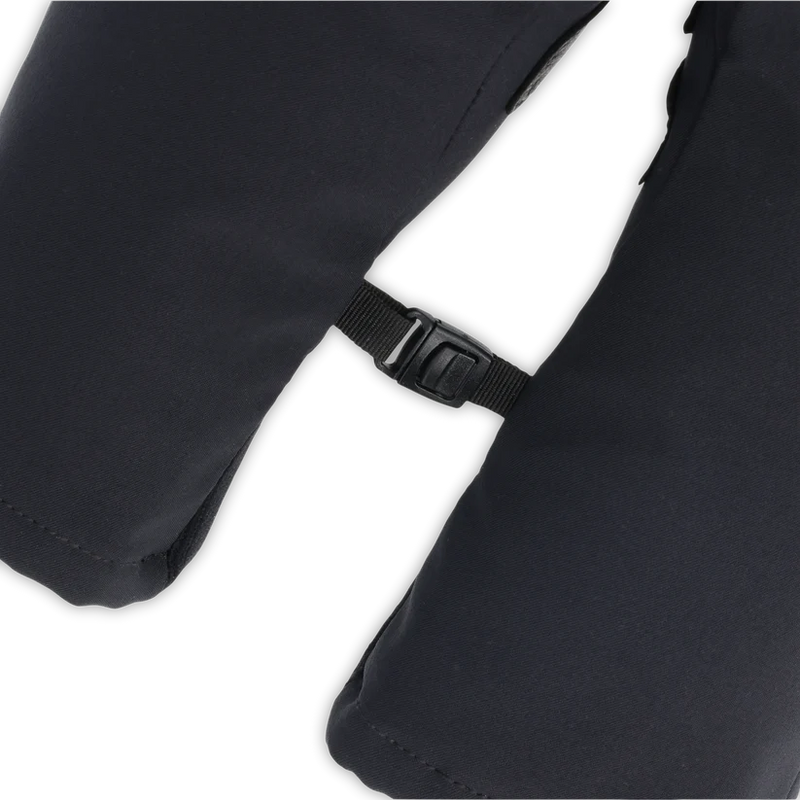 Close up of the straps of a pair of black work gloves against a white background. 