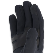 Close up of a black work glove against a white background. 