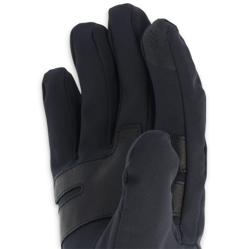 Close up of a black work glove against a white background. 