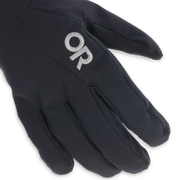 Close up of a black work glove with an Outdoor Research logo against a white background. 