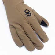 Top view of a light brown work glove with a black Outdoor Research logo against a white background. 