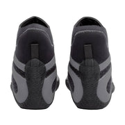 Black and gray wetsuit boots with unique sole design on a white background