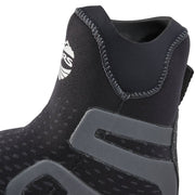 Close-up of a black and gray wetsuit boot with brand logo on a light gray background