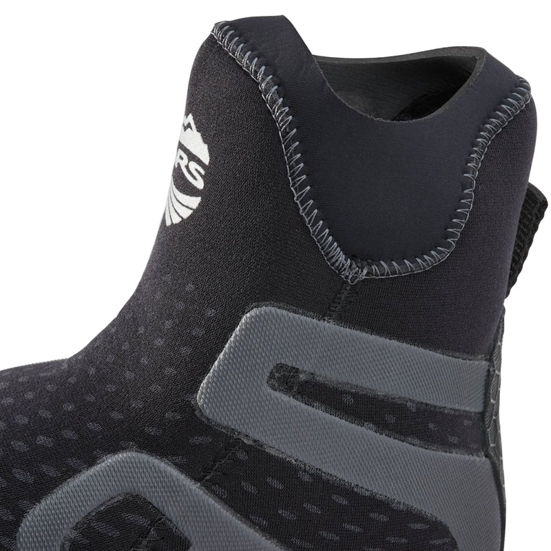 Close-up of a black and gray wetsuit boot with brand logo on a light gray background
