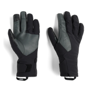 Top and bottom view of a pair of black and gray work gloves featuring an Outdoor Research logo against a white background. 