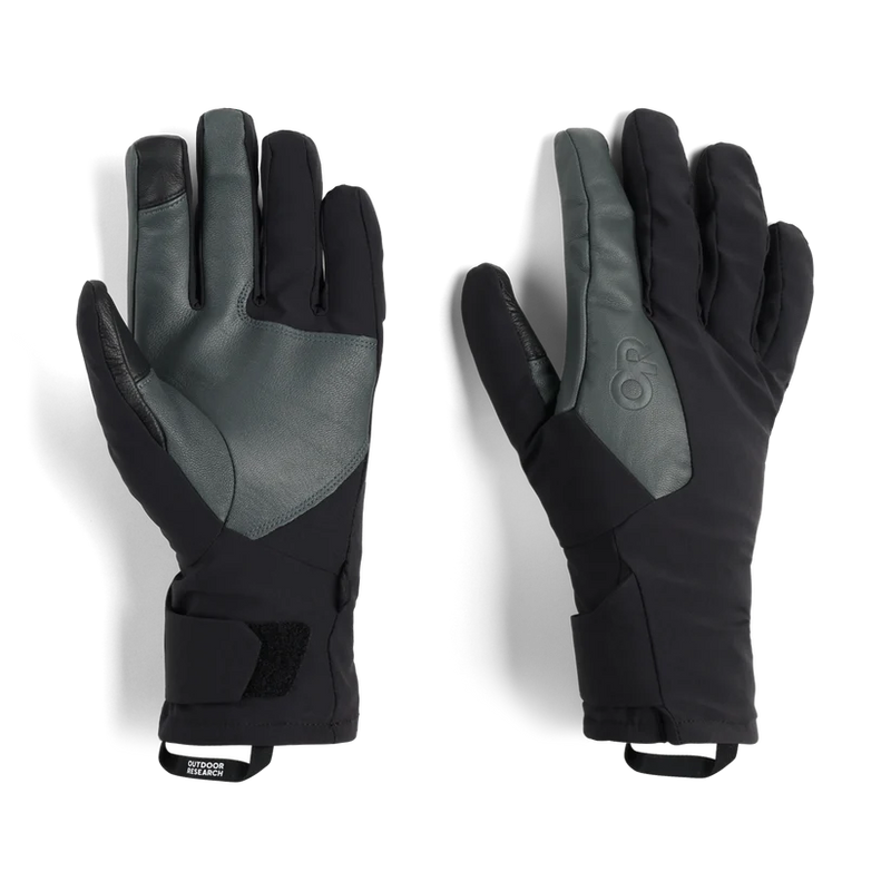 Top and bottom view of a pair of black and gray work gloves featuring an Outdoor Research logo against a white background. 