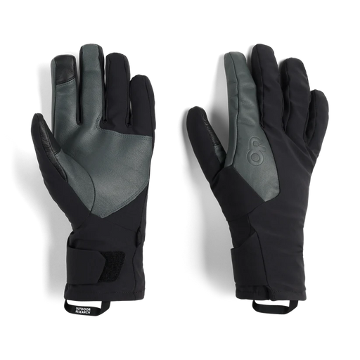 Top and bottom view of a pair of black and gray work gloves featuring an Outdoor Research logo against a white background. 