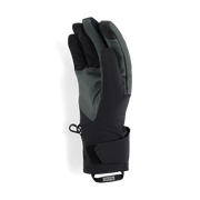 Bottom view of a black and gray work glove featuring an Outdoor Research logo on the bottom strap against a white background. 