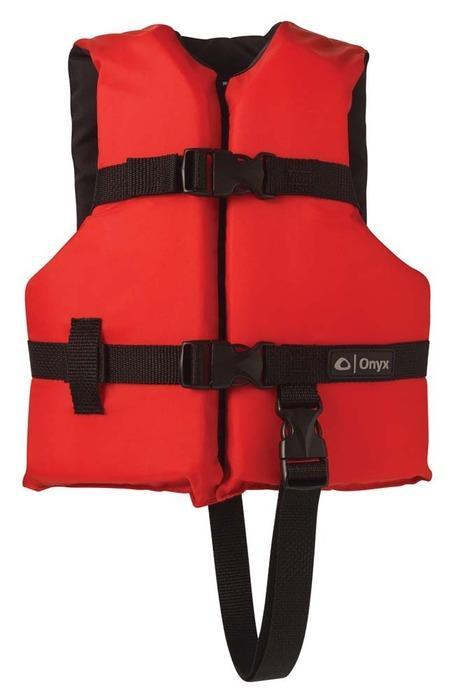 A red children life jacket with black straps on a life jacket