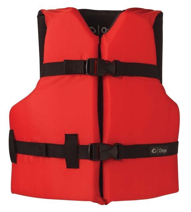 A red children life jacket with black straps on a white background