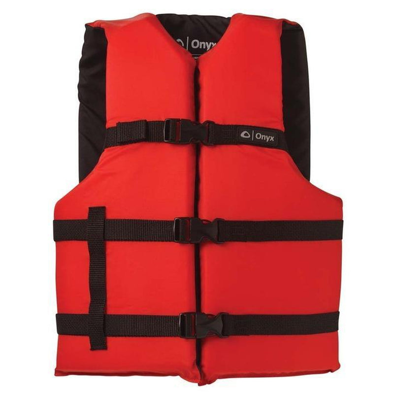 A red life jacket with black straps on a white background