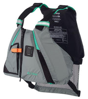 A gray life jacket with teal lining on a white background
