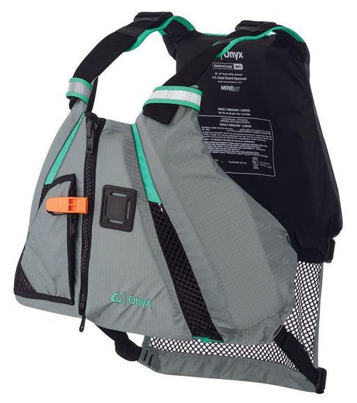 A gray life jacket with teal lining on a white background