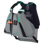 A gray life jacket with teal lining on a white background