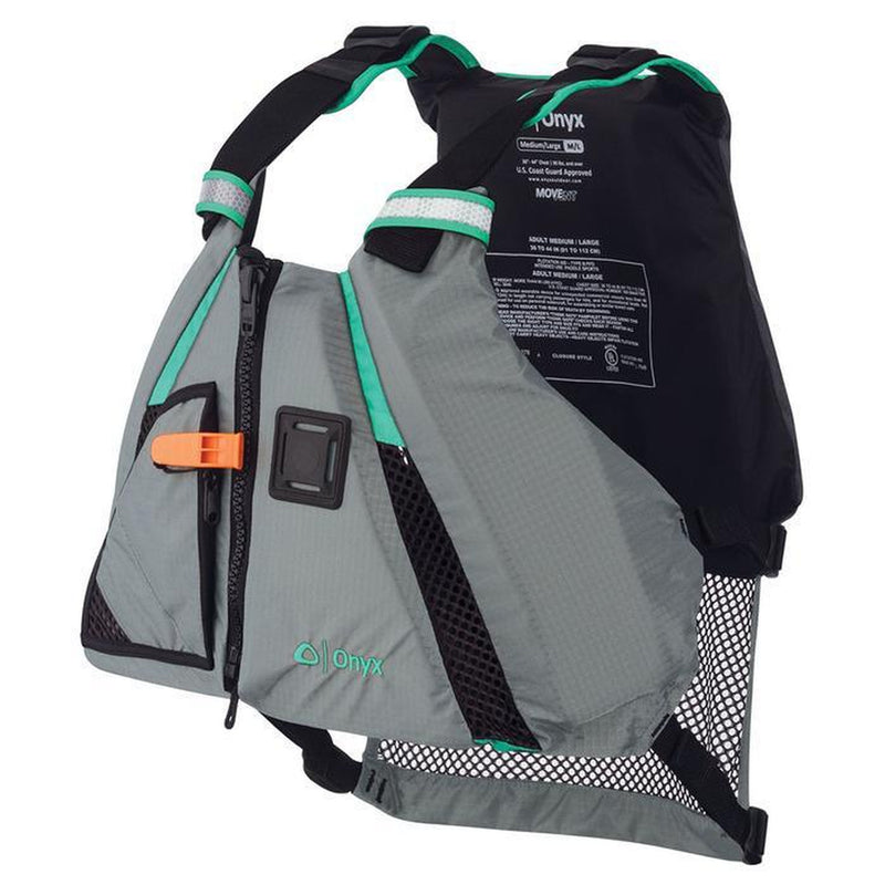 A gray life jacket with teal lining on a white background