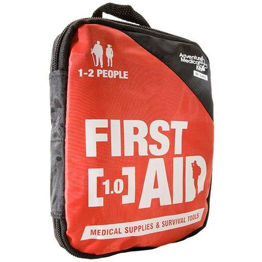 A red and black first aid bag on a white background