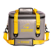 A tan and yellow 30-can cooler from Yukon Outfitters on a white background