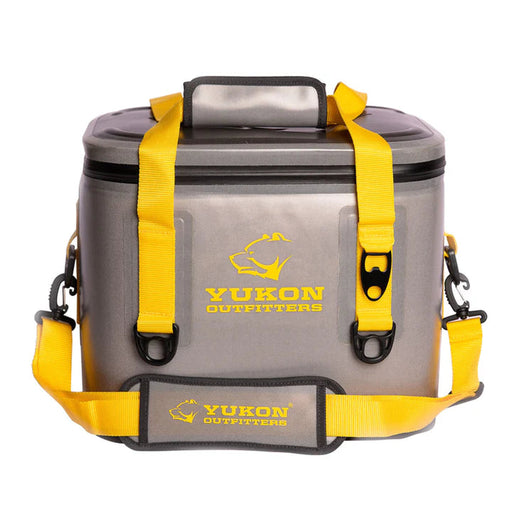 A tan and yellow 30-can cooler from Yukon Outfitters on a white background