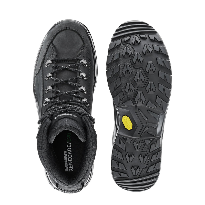 The top and bottom of black hiking boots on a white background
