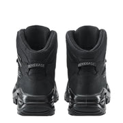 A pair of black hiking boots from behind on a white background