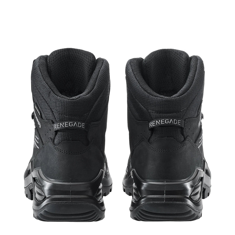 A pair of black hiking boots from behind on a white background