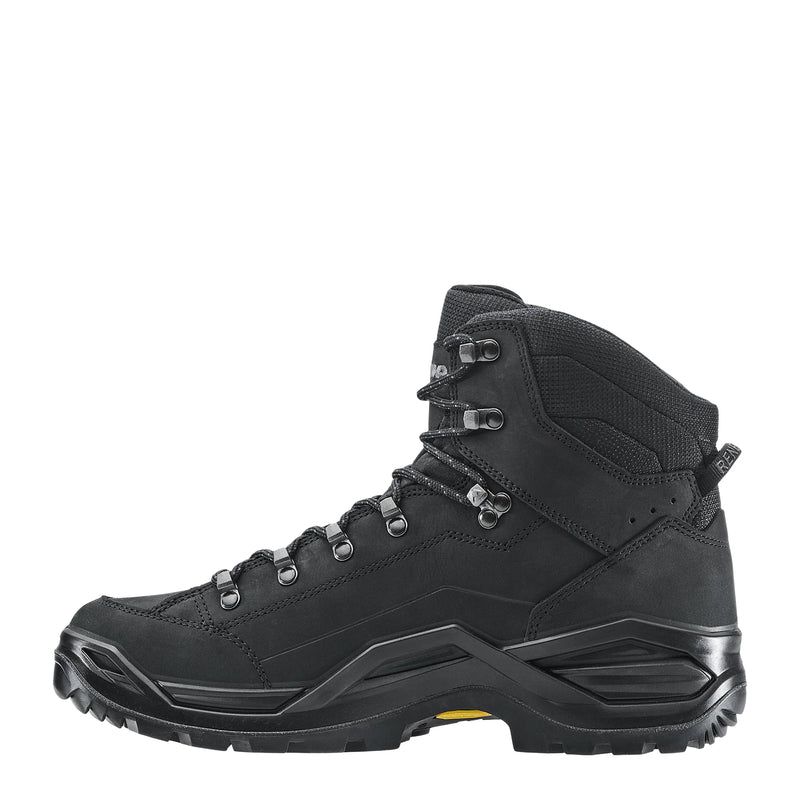 A black hiking boot on a white background