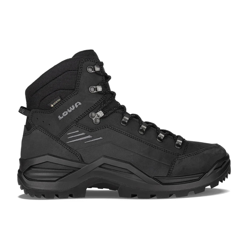 A black hiking boot on a white background