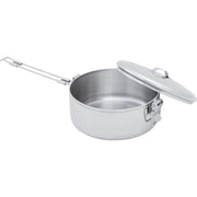 Stainless steel camping pot with lid on a white background