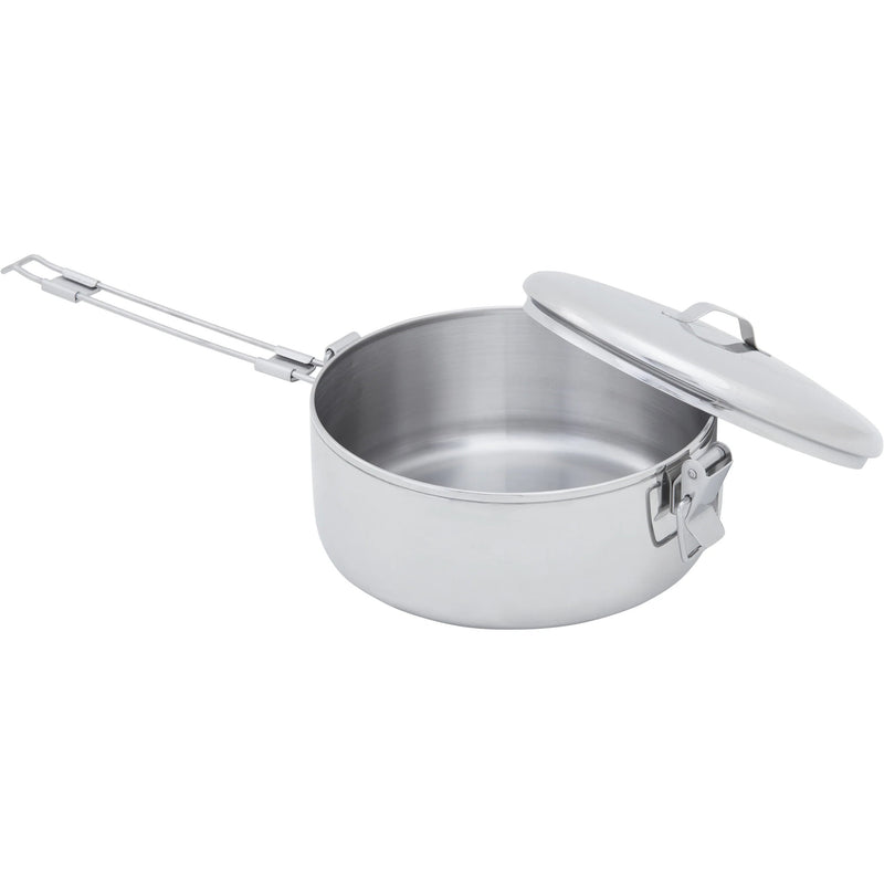 Stainless steel camping pot with lid on a white background